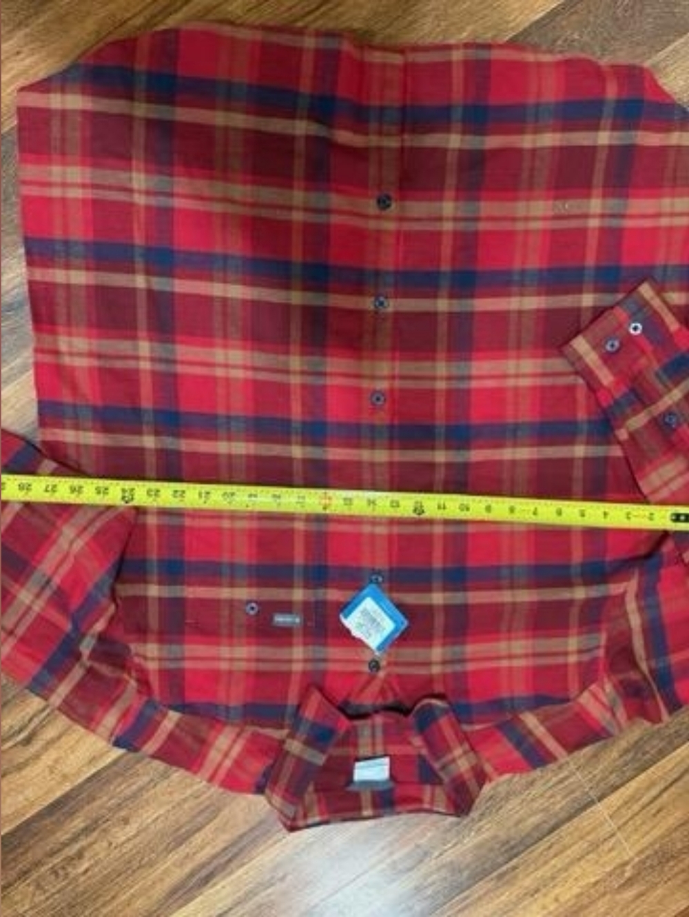 Columbia Red Plaid Button-Down Shirt with Navy and Tan Accents